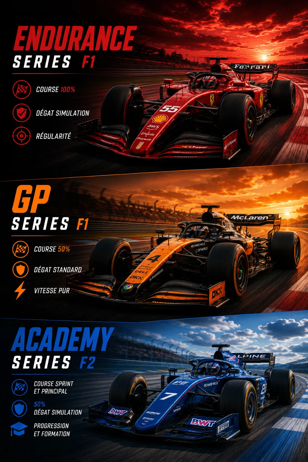 Affiche du pôle F1 d’Horizon Racing : trois bandeaux, un par championnat : Endurance Series F1 (course 100 %, dégâts simulation), GP Series F1 (course 50 %, dégâts standard) et Academy Series F2 (sprint et course principale).