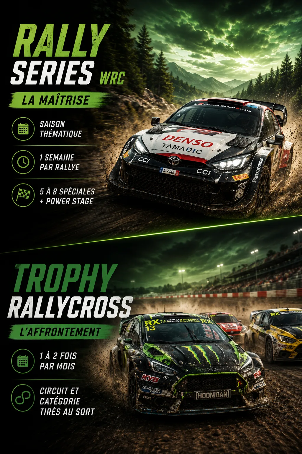 Affiche du pôle WRC d’Horizon Racing : deux bandeaux : Rally Series WRC (saison thématique, un rallye par semaine, 5 à 8 spéciales et power stage) et Trophy Rallycross (une à deux fois par mois, circuit et catégorie tirés au sort).